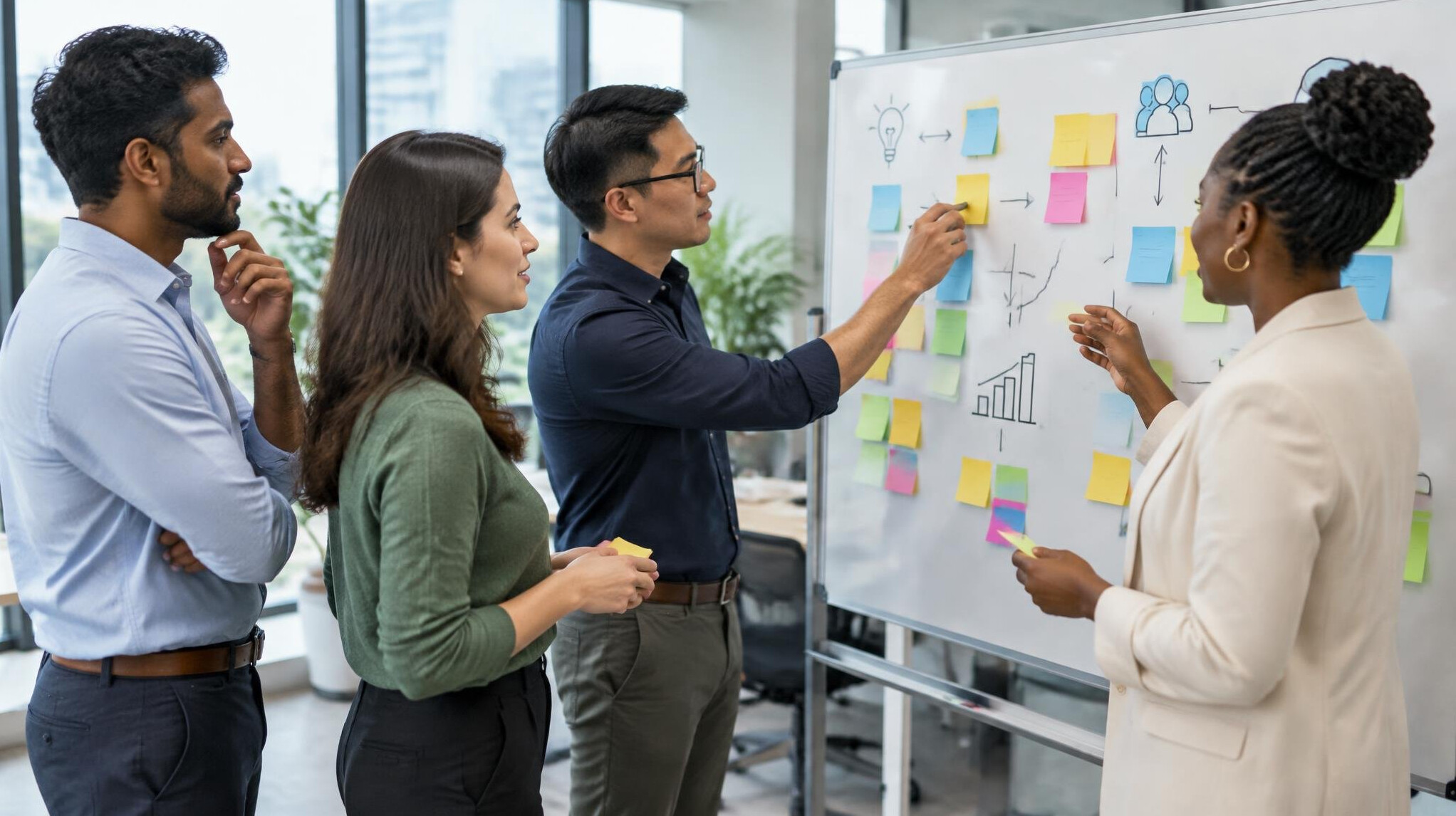 Team collaborating over a planning board