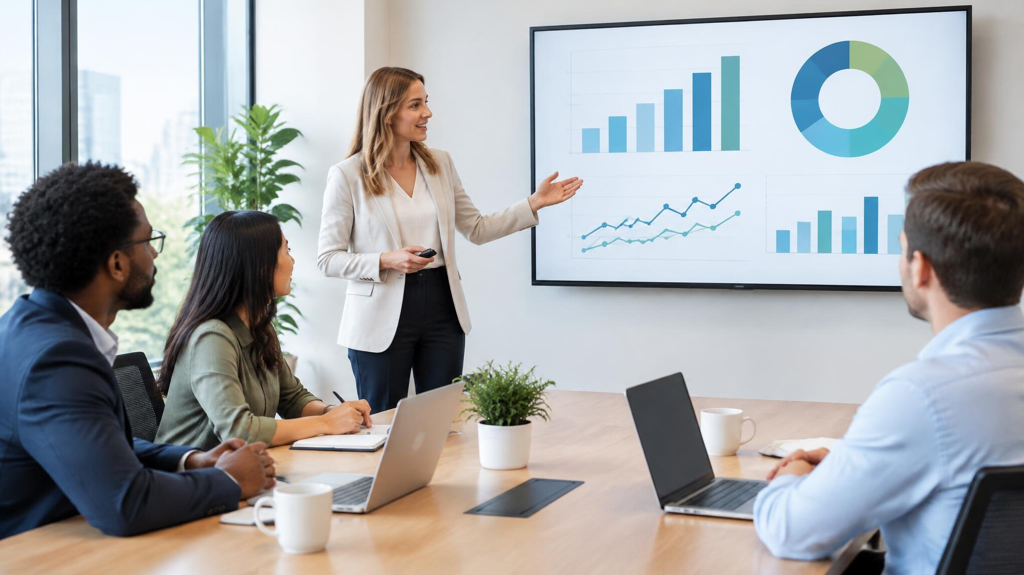 Presentation of charts to colleagues in a meeting room
