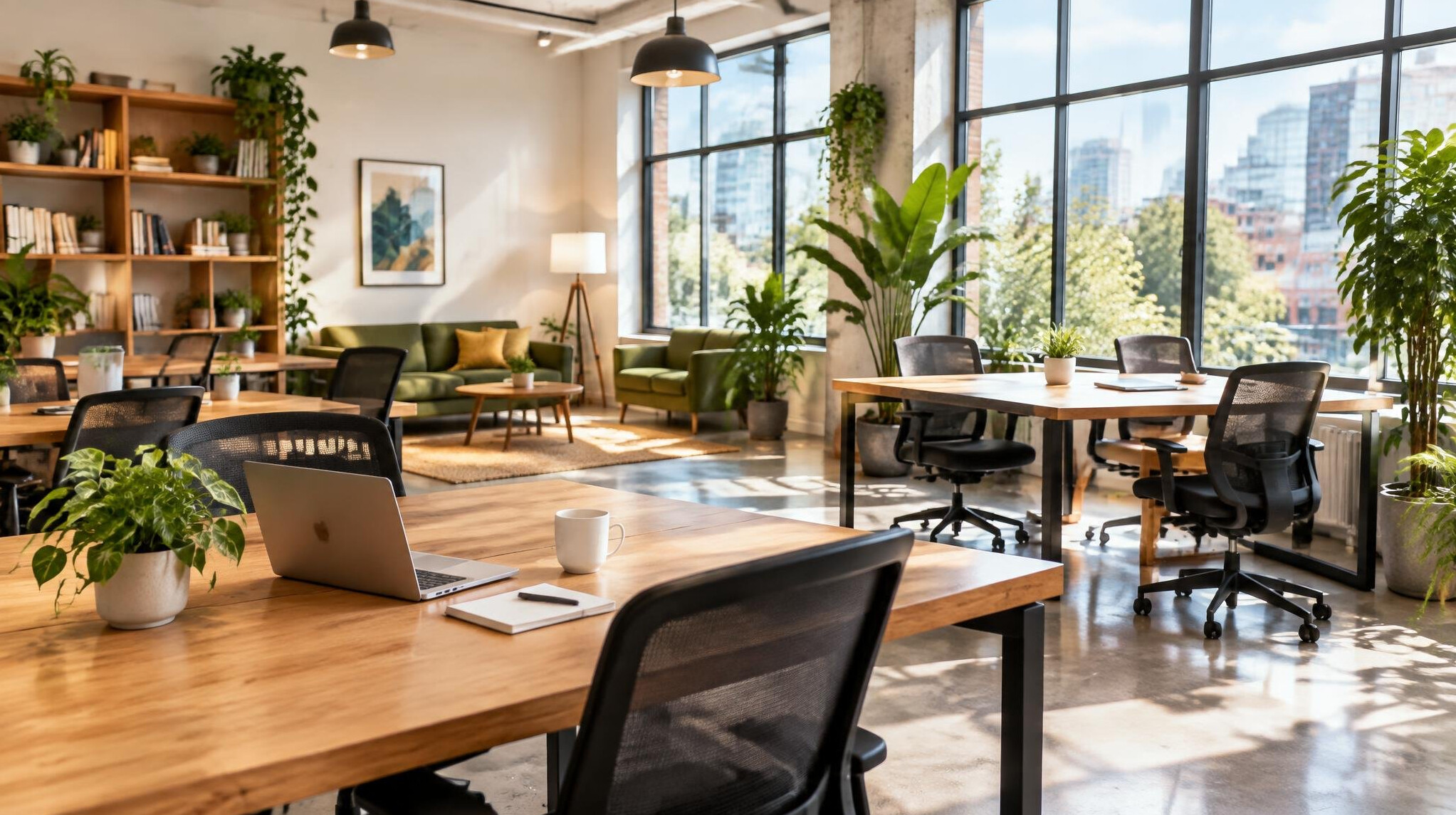 Bright coworking space with desks and plants