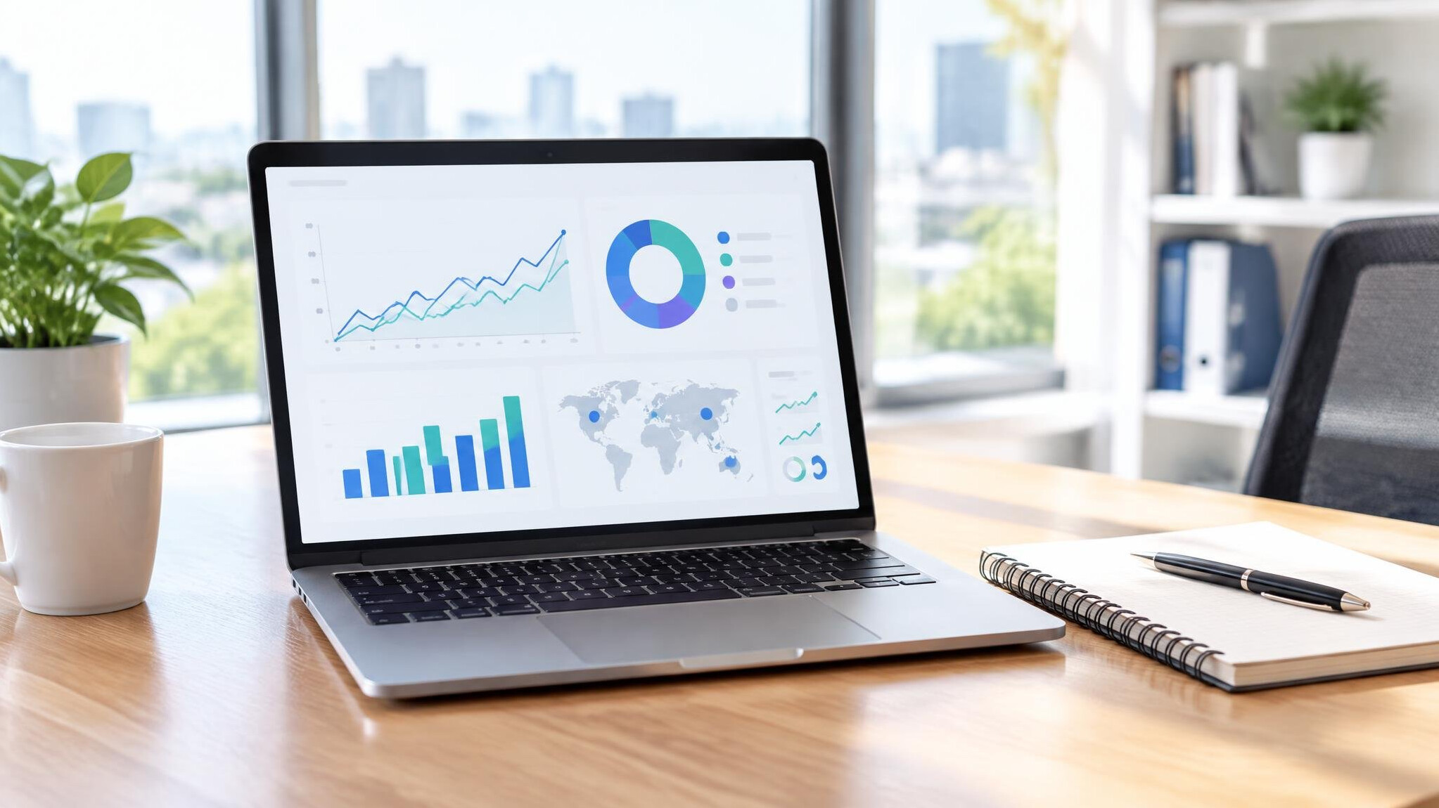 Laptop showing analytics charts on a desk