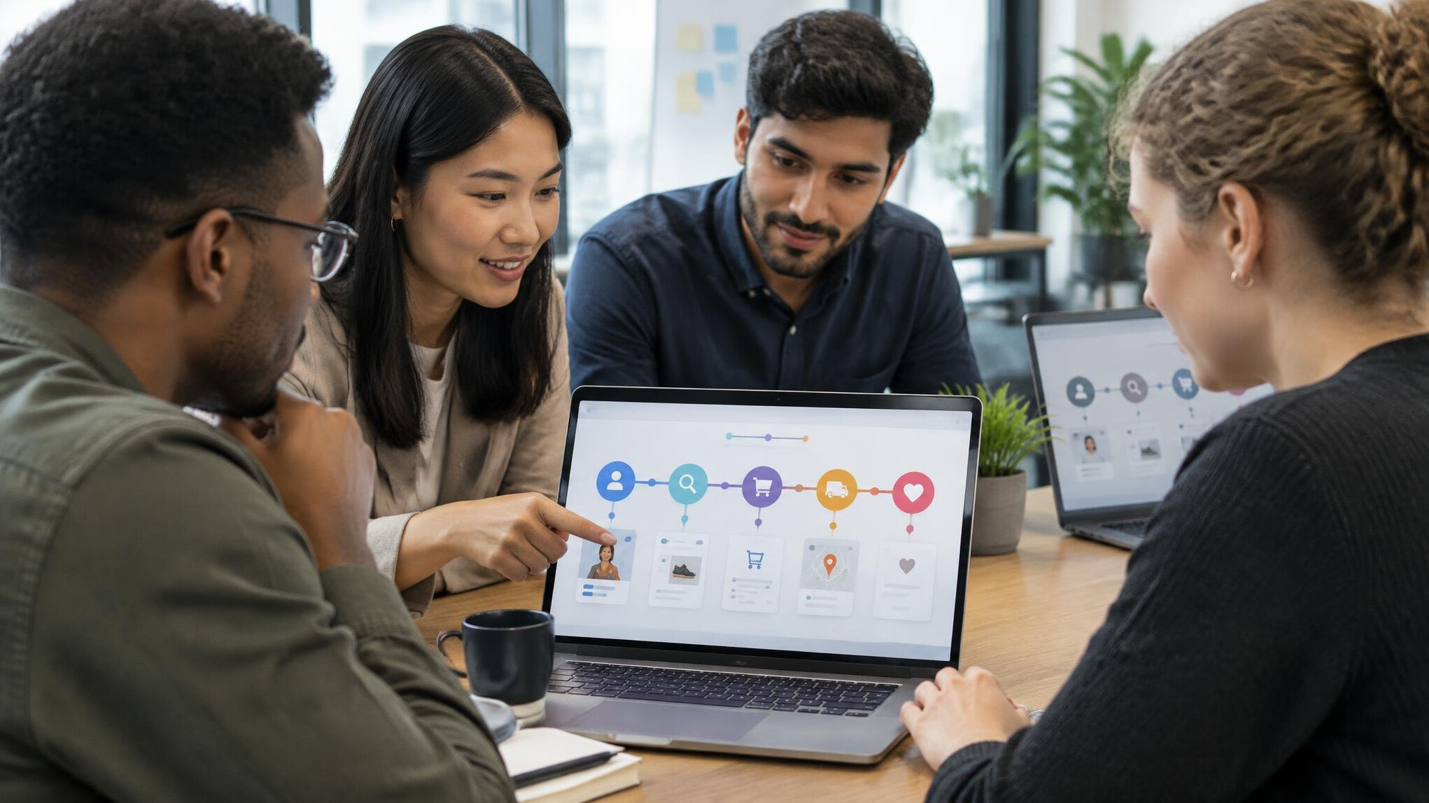 Colleagues reviewing a digital interface on laptops